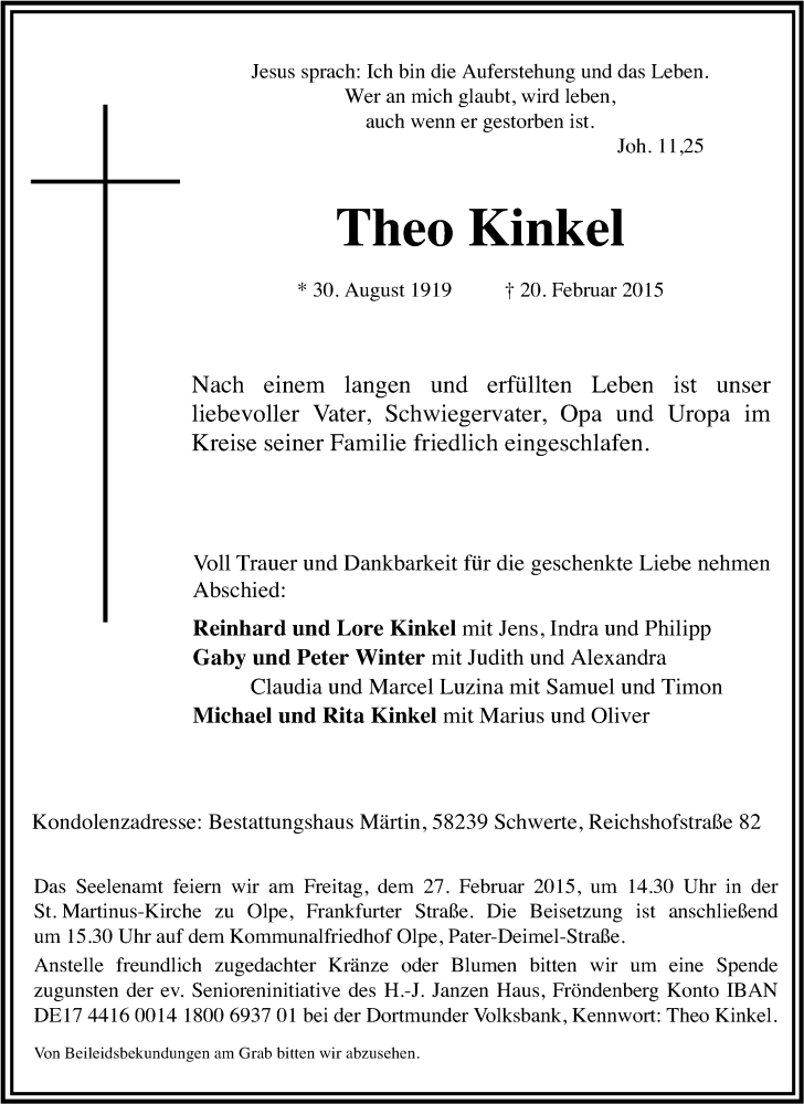 Traueranzeigen Von Theo Kinkel Trauer In Nrw De