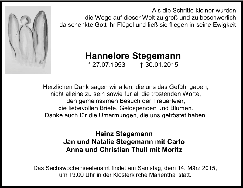 Traueranzeigen Von Hannelore Stegemann Trauer In Nrw De