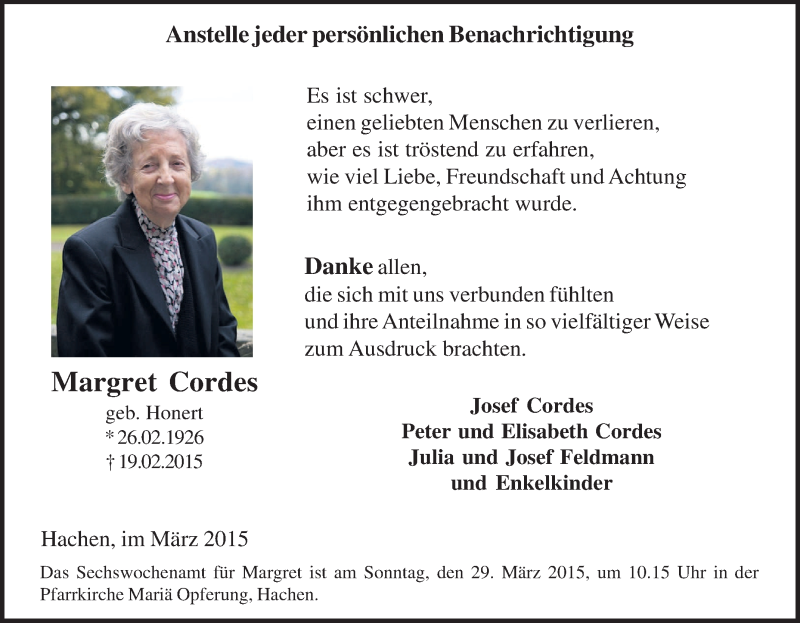 Traueranzeigen Von Margret Cordes Trauer In NRW De