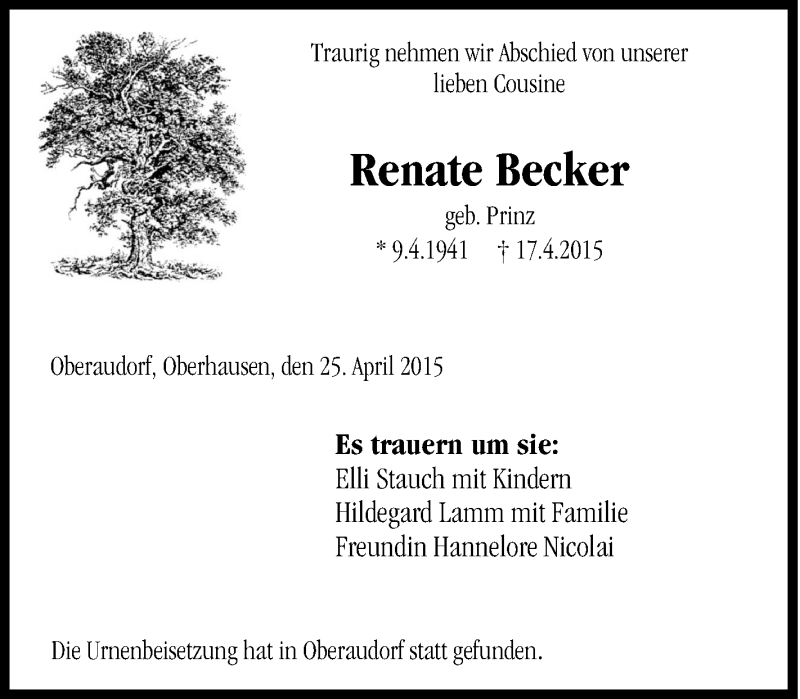 Traueranzeigen Von Renate Becker Trauer In NRW De