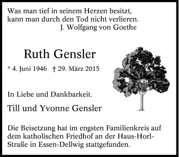 Traueranzeigen Von Ruth Gensler Trauer In NRW De