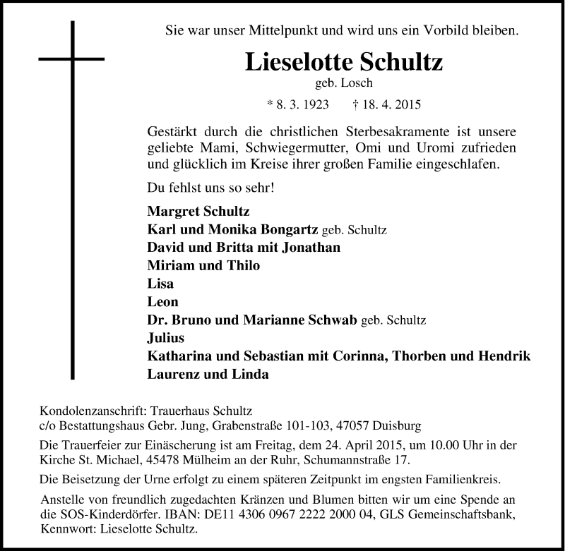 Traueranzeigen Von Lieselotte Schultz Trauer In NRW De