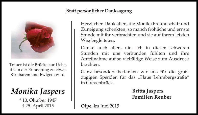 Traueranzeigen Von Monika Jaspers Trauer In NRW De