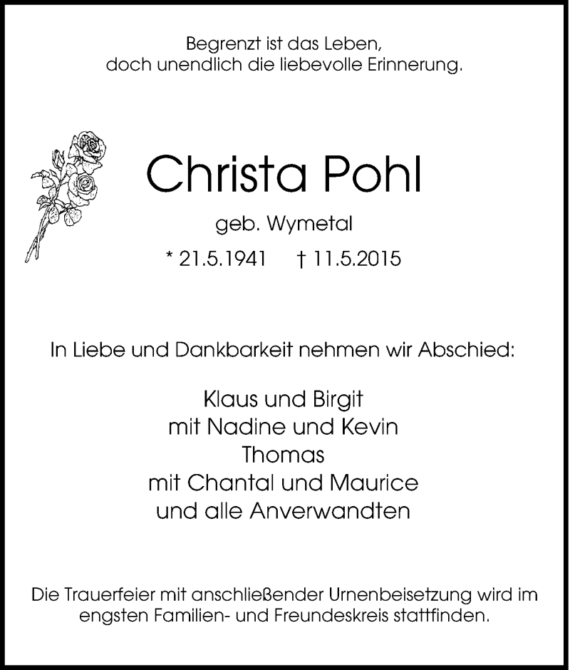 Traueranzeigen Von Christa Pohl Trauer In Nrw De