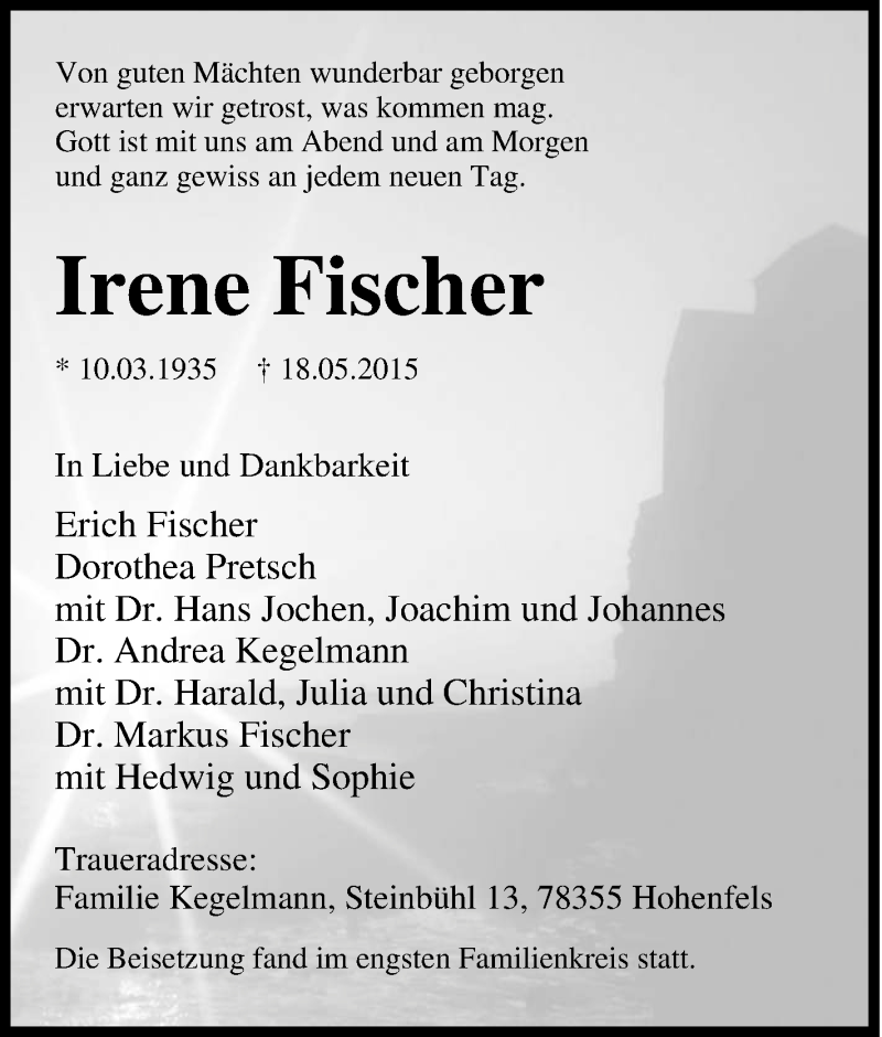 Traueranzeigen Von Irene Fischer Trauer In NRW De