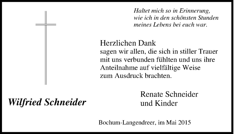 Traueranzeigen Von Wilfried Schneider Trauer In Nrw De