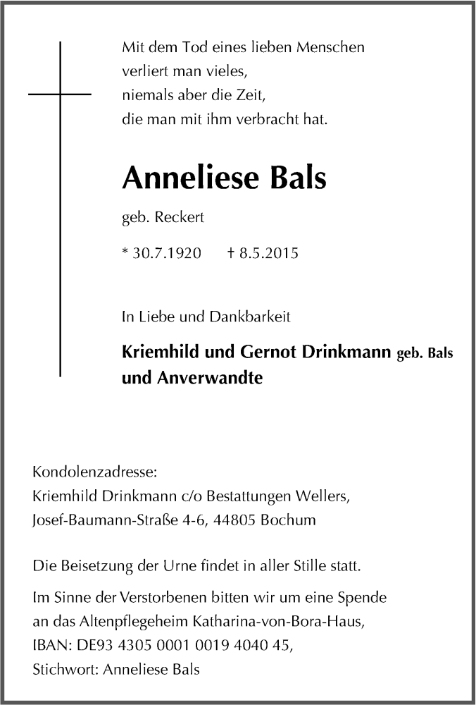 Traueranzeigen Von Anneliese Bals Trauer In Nrw De