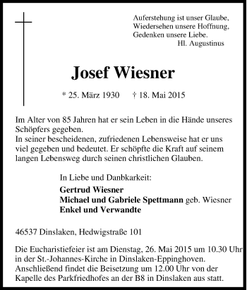 Traueranzeigen Von Josef Wiesner Trauer In Nrw De