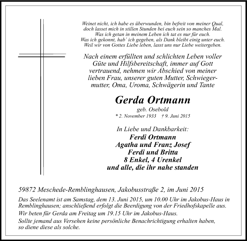 Traueranzeigen Von Gerda Ortmann Trauer In NRW De