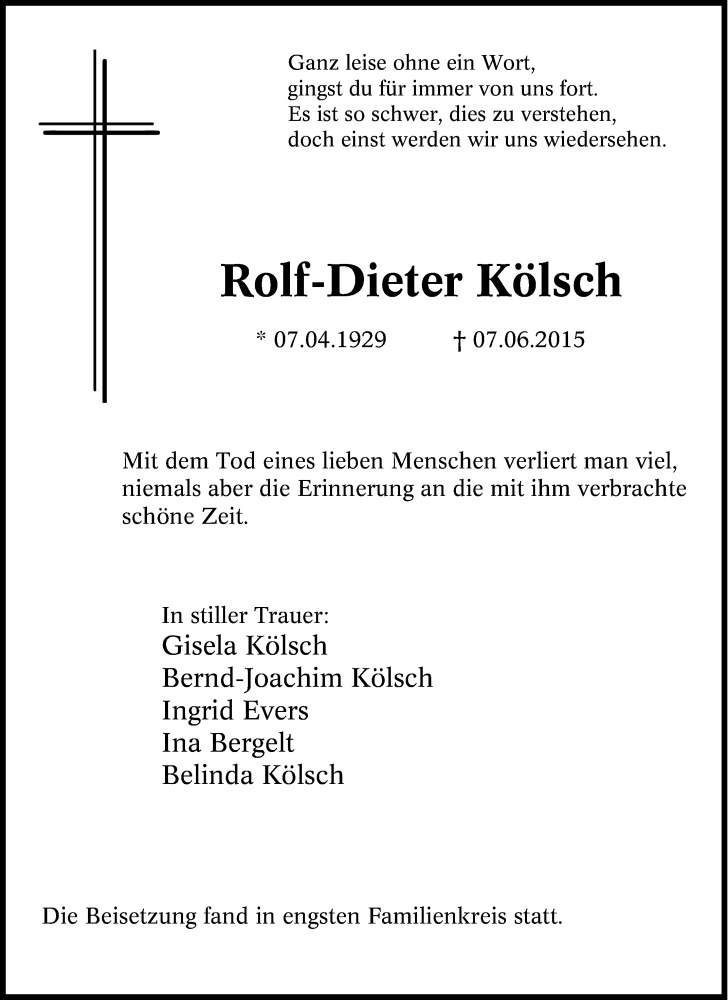 Traueranzeigen von Rolf Dieter Kölsch Trauer in NRW de