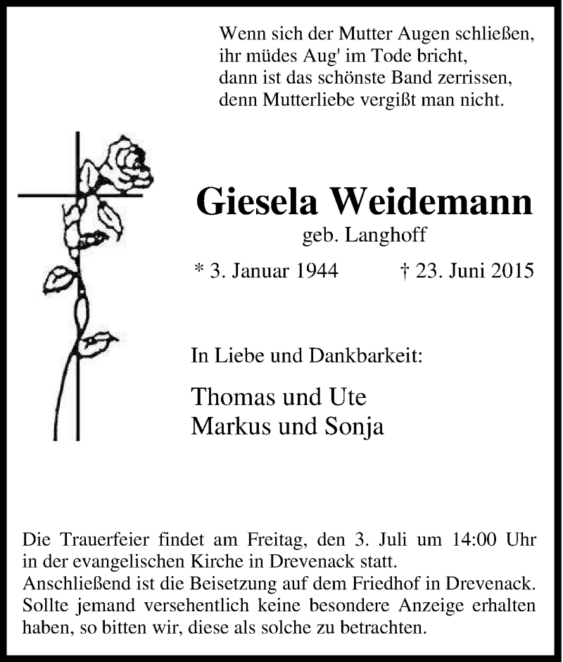 Traueranzeigen Von Giesela Weidemann Trauer In Nrw De