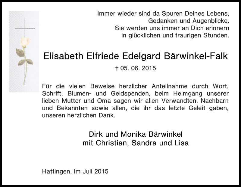 Traueranzeigen von Elisabeth Elfriede Edelgard Bärwinkel Falk Trauer