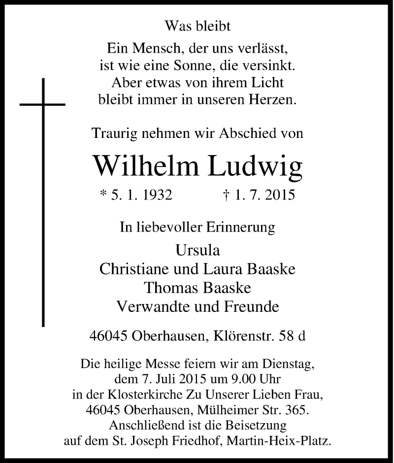 Traueranzeigen Von Wilhelm Ludwig Trauer In Nrw De