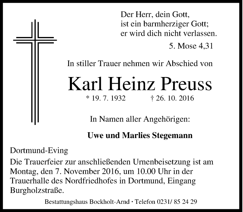 Traueranzeigen Von Karl Heinz Preuss Trauer In Nrw De