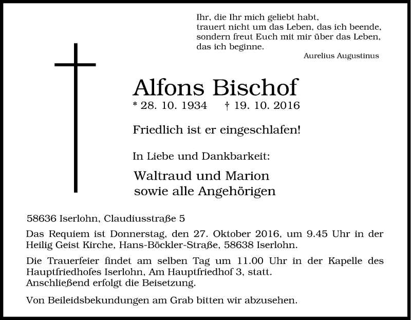 Traueranzeigen Von Alfons Bischof Trauer In NRW De