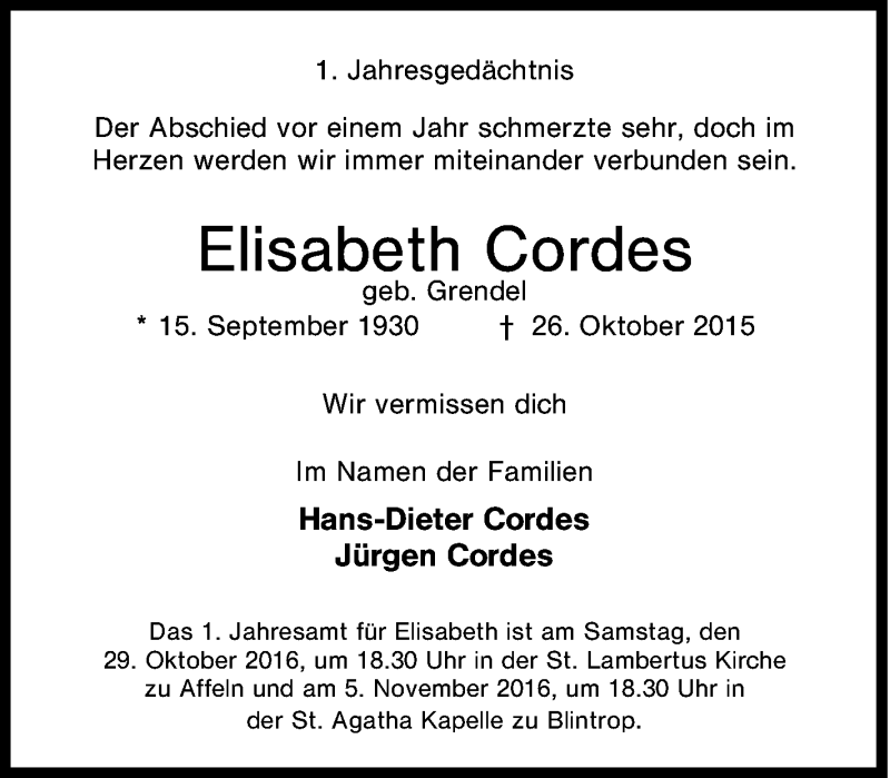 Traueranzeigen Von Elisabeth Cordes Trauer In NRW De