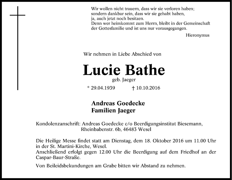 Traueranzeigen Von Lucie Bathe Trauer In Nrw De