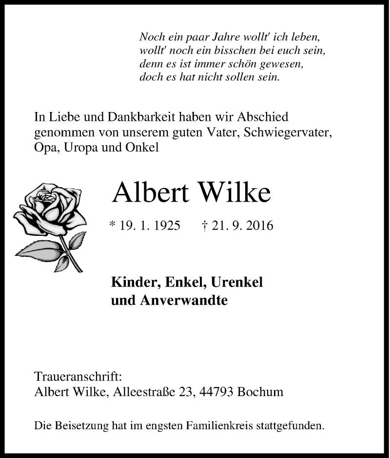 Traueranzeigen Von Albert Wilke Trauer In Nrw De