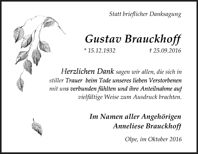 Traueranzeigen Von Gustav Brauckhoff Trauer In Nrw De