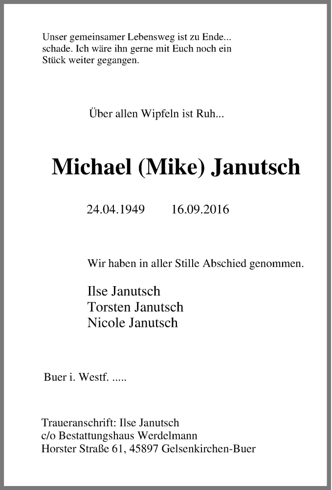 Traueranzeigen Von Michael Mike Janutsch Trauer In NRW De