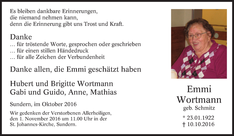 Traueranzeigen Von Emmi Wortmann Trauer In NRW De