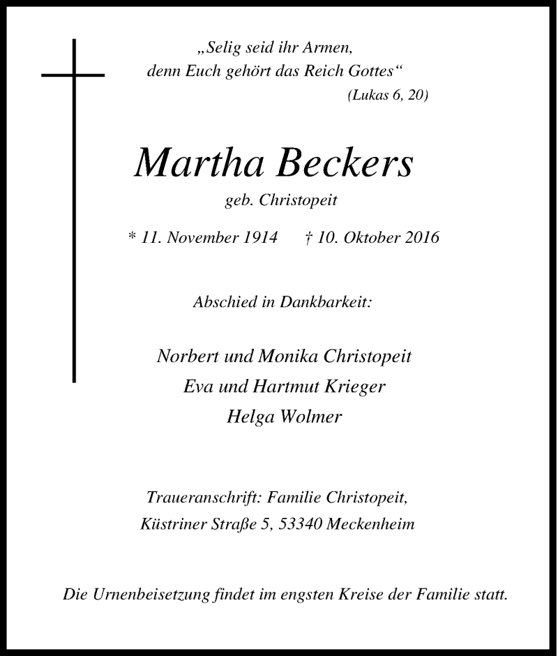 Traueranzeigen Von Martha Beckers Trauer In Nrw De