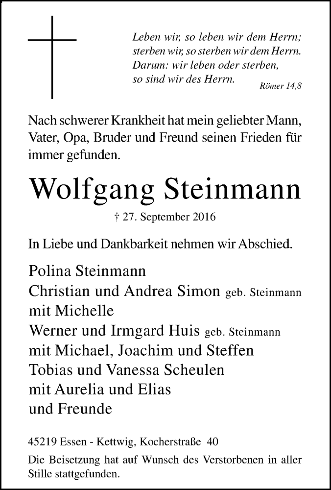 Traueranzeigen Von Wolfgang Steinmann Trauer In NRW De