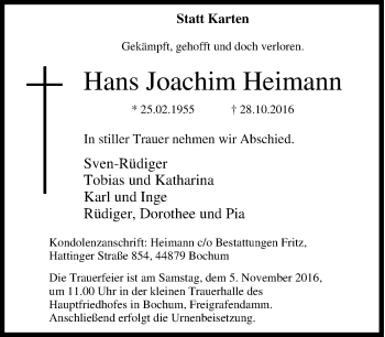 Traueranzeigen Von Hans Joachim Heimann Trauer In NRW De