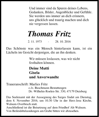 Traueranzeigen Von Thomas Fritz Trauer In Nrw De