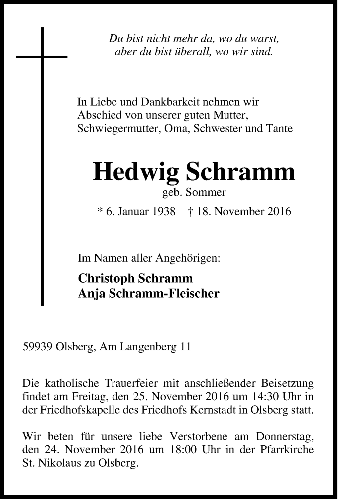 Traueranzeigen Von Hedwig Schramm Trauer In NRW De