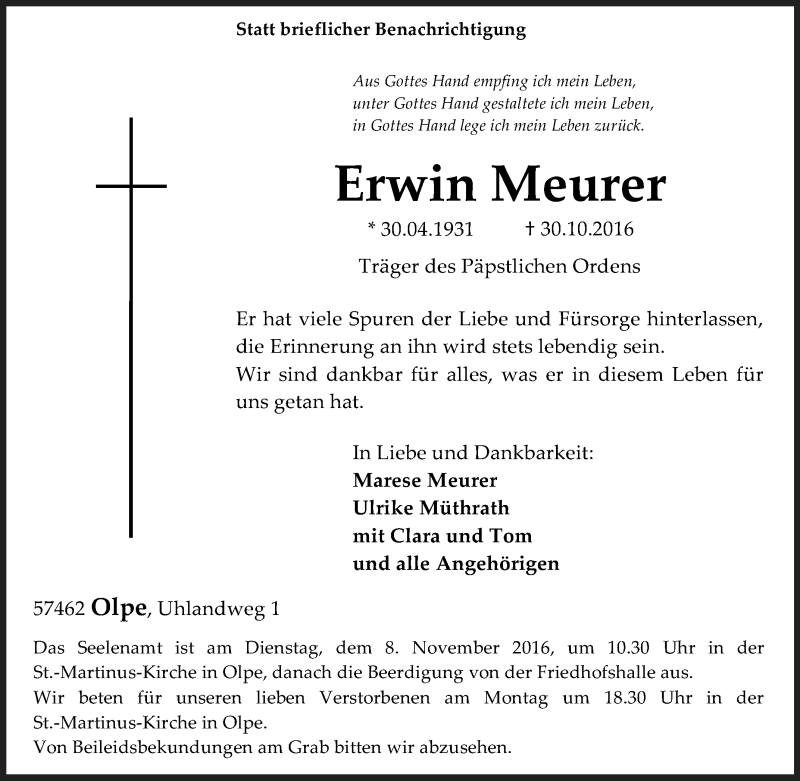 Traueranzeigen Von Erwin Meurer Trauer In Nrw De