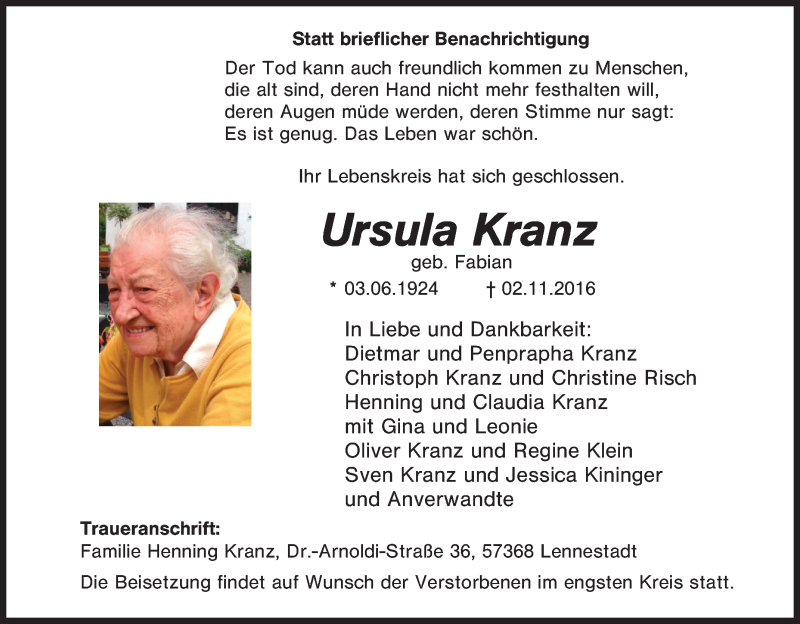 Traueranzeigen Von Ursula Kranz Trauer In NRW De