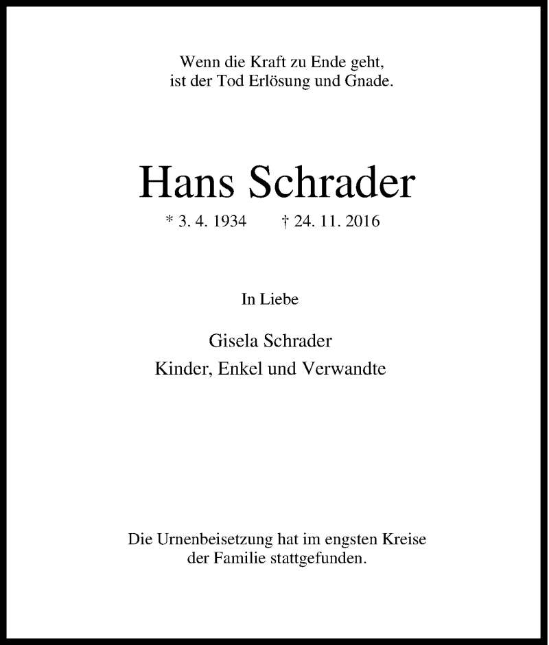 Traueranzeigen Von Hans Schrader Trauer In Nrw De