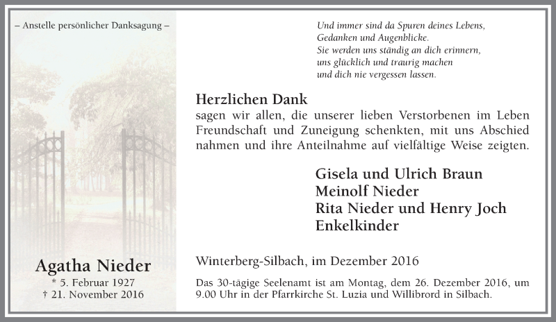 Traueranzeigen Von Agatha Nieder Trauer In Nrw De