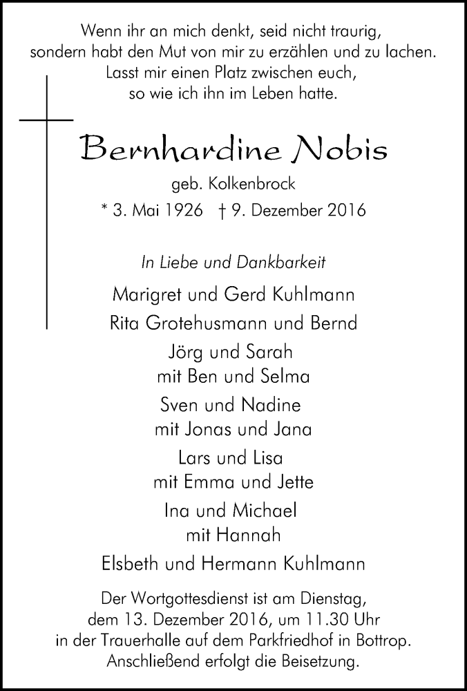 Traueranzeigen Von Bernhardine Nobis Trauer In Nrw De