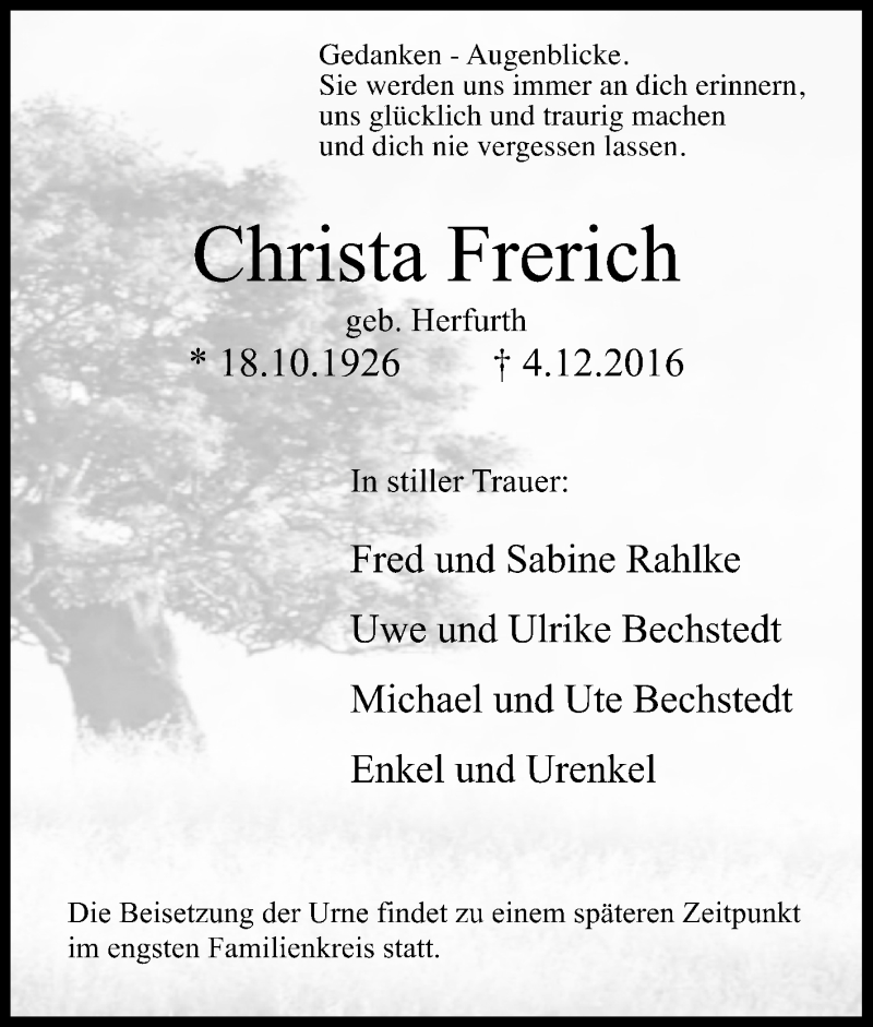 Traueranzeigen Von Christa Frerich Trauer In Nrw De