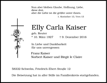 Traueranzeigen Von Elly Carla Kaiser Trauer In Nrw De