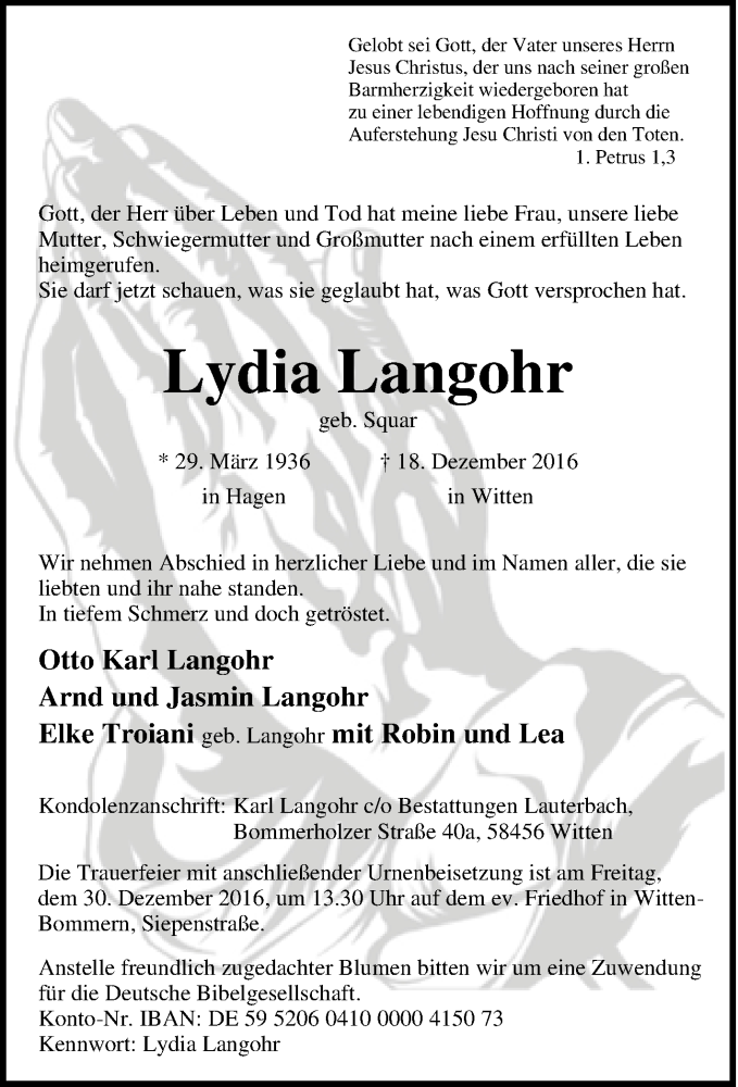 Traueranzeigen Von Lydia Langohr Trauer In Nrw De