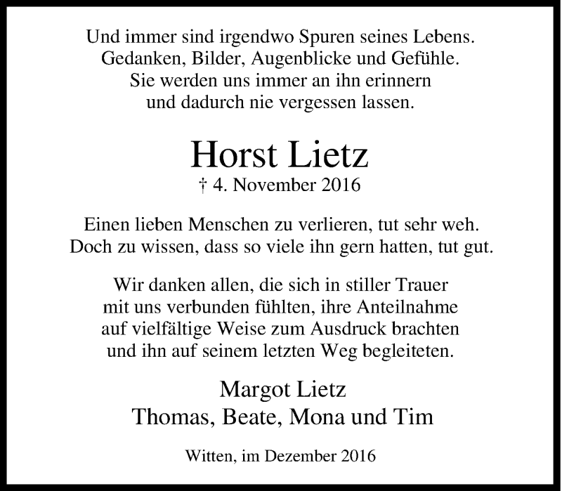 Traueranzeigen Von Horst Lietz Trauer In NRW De