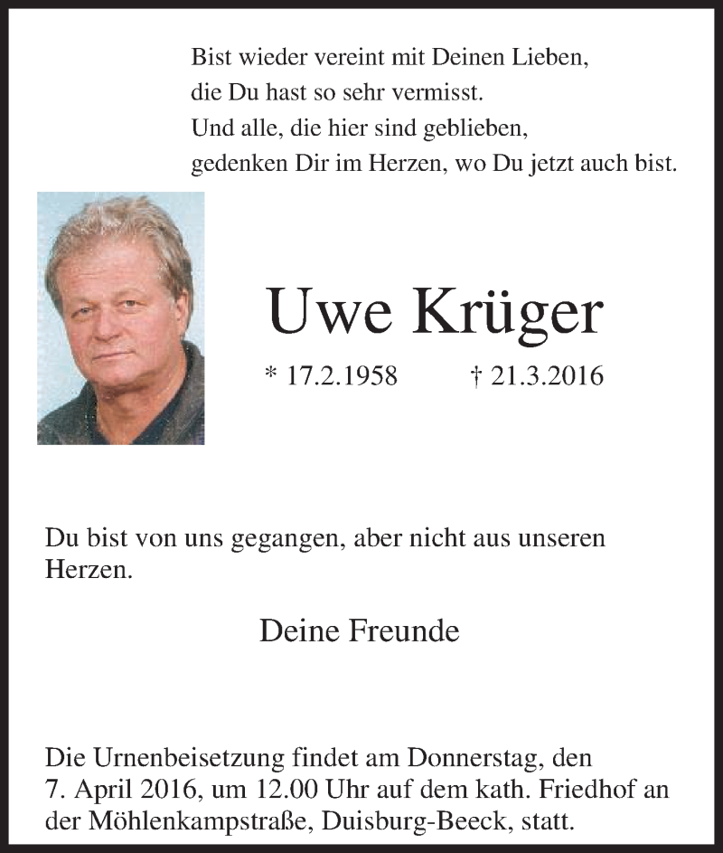 Traueranzeigen Von Uwe Kr Ger Trauer In Nrw De