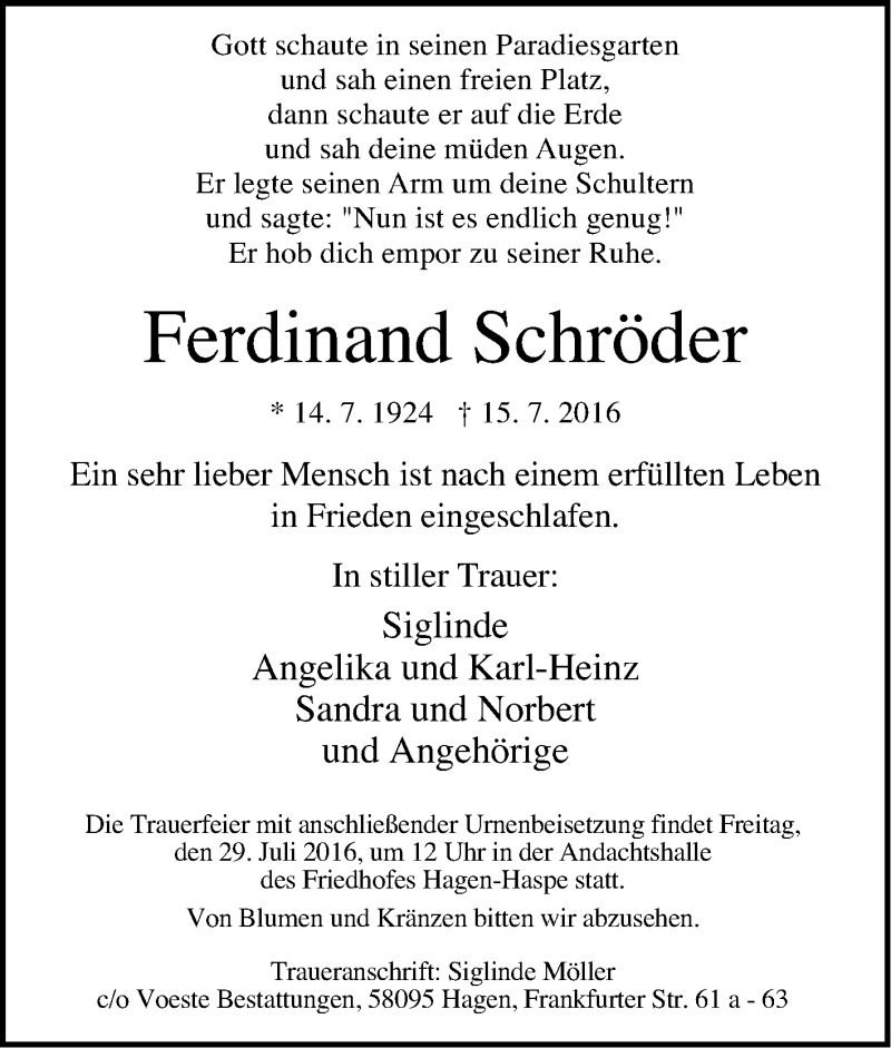 Traueranzeigen von Ferdinand Schröder Trauer in NRW de