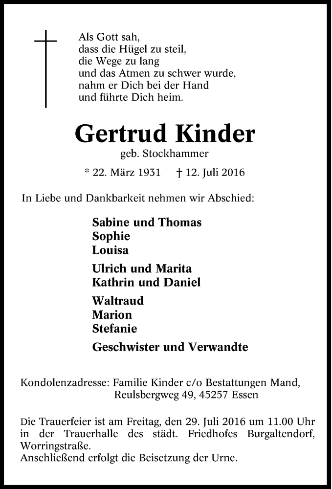 Traueranzeigen Von Gertrud Kinder Trauer In Nrw De