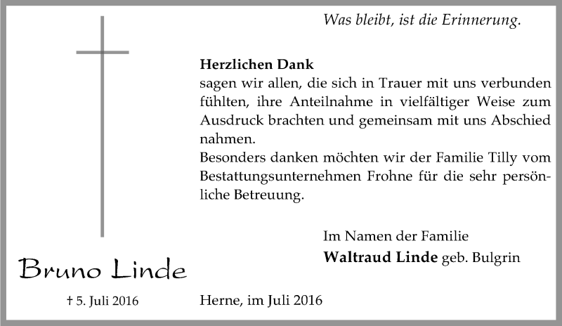 Traueranzeigen Von Bruno Linde Trauer In NRW De