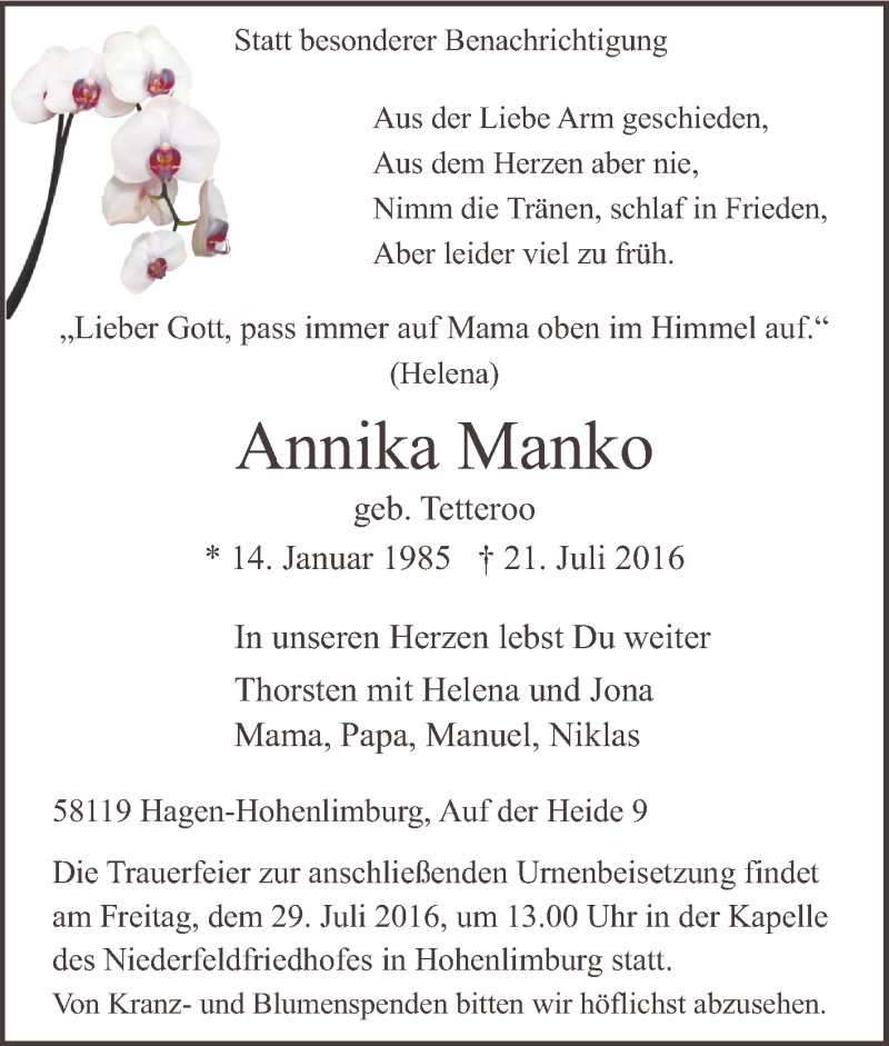 Traueranzeigen Von Annika Manko Trauer In NRW De