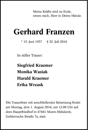 Traueranzeigen Von Gerhard Franzen Trauer In Nrw De