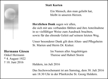 Traueranzeigen Von Hermann Giesen Trauer In Nrw De