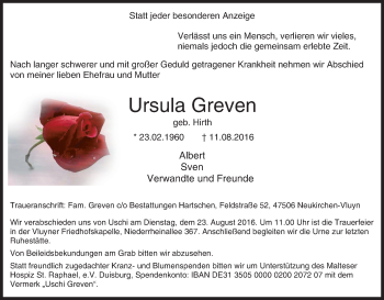 Traueranzeigen Von Ursula Greven Trauer In NRW De