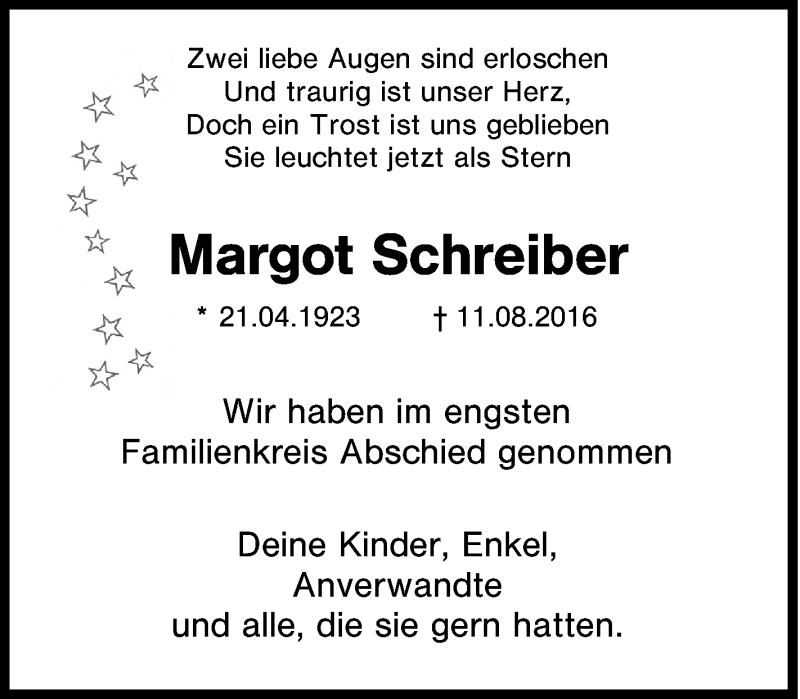 Traueranzeigen Von Margot Schreiber Trauer In NRW De