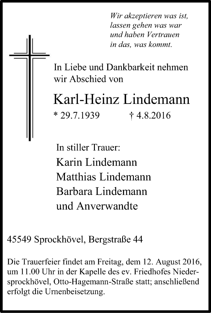 Traueranzeigen Von Karl Heinz Lindemann Trauer In NRW De