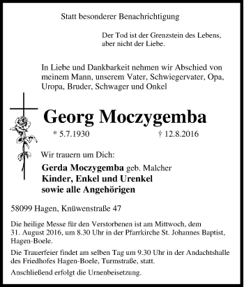 Traueranzeigen Von Georg Moczygemba Trauer In Nrw De